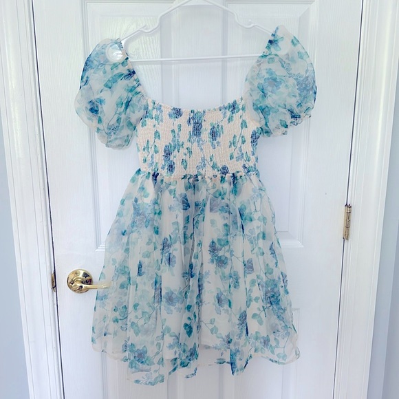 2023 Altar’d State Melanie Floral Dress Ivory Blue Floral Sheer Overlay Size XS - Picture 7 of 7